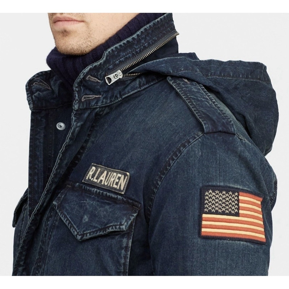 Polo Ralph Lauren Military Denim Field Jacket Hooded US RL Flag Utility Mens M - Picture 4 of 13